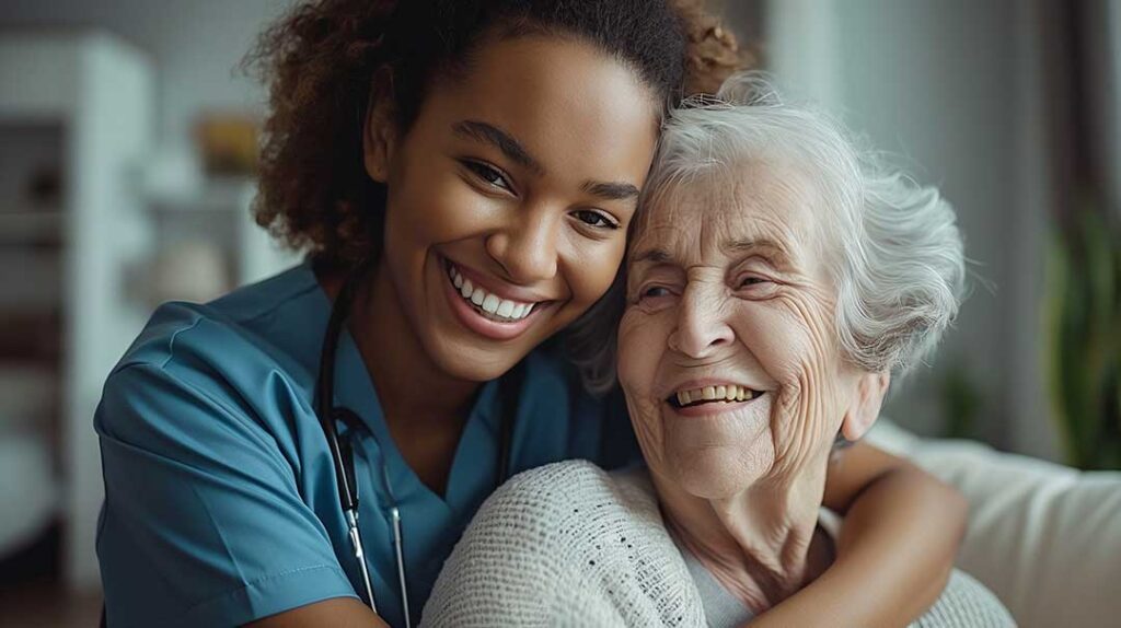 Family tours an assisted living apartment while reviewing safety features and asking questions.